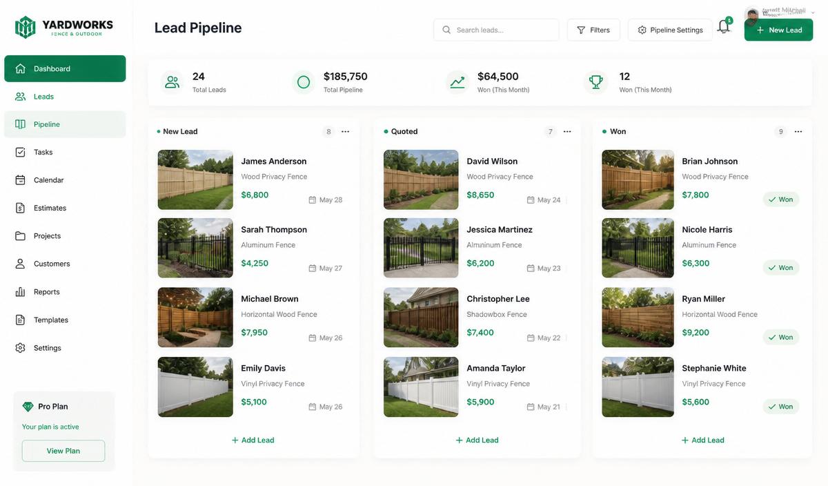 Contractor dashboard showing lead pipeline