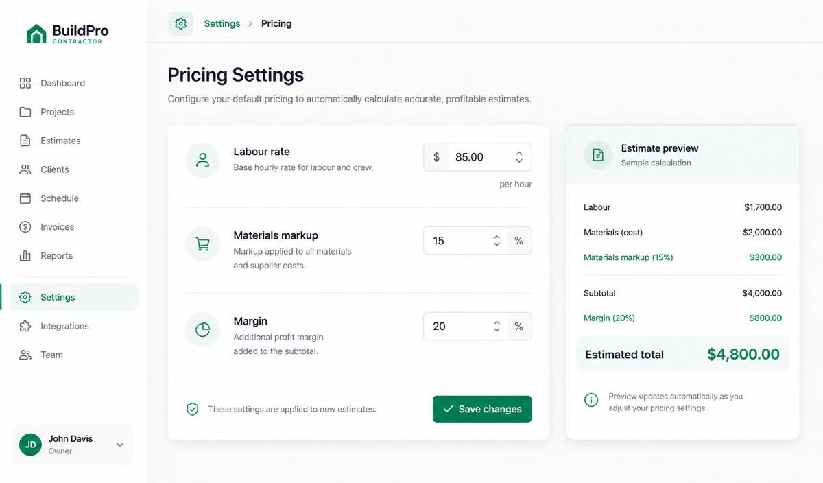 Pricing settings for rates, materials and margins